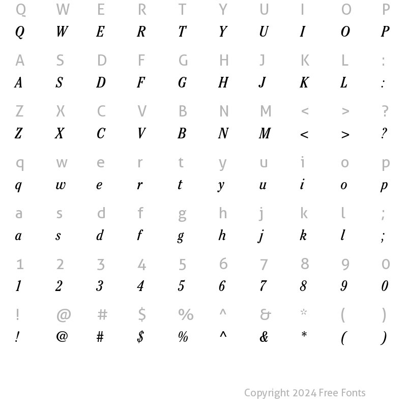 Character Map of ITC Cheltenham Std Book Condensed Italic