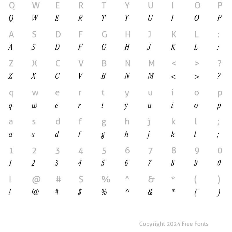 Character Map of ITC Cheltenham Std Light Condensed Italic