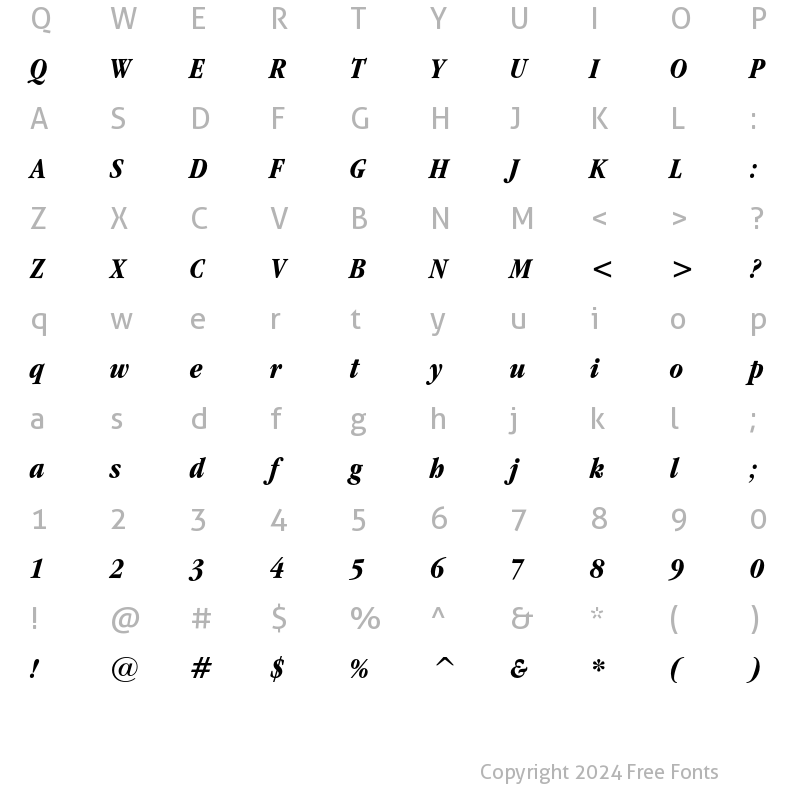 Character Map of ITC Garamond Condensed Bold Italic