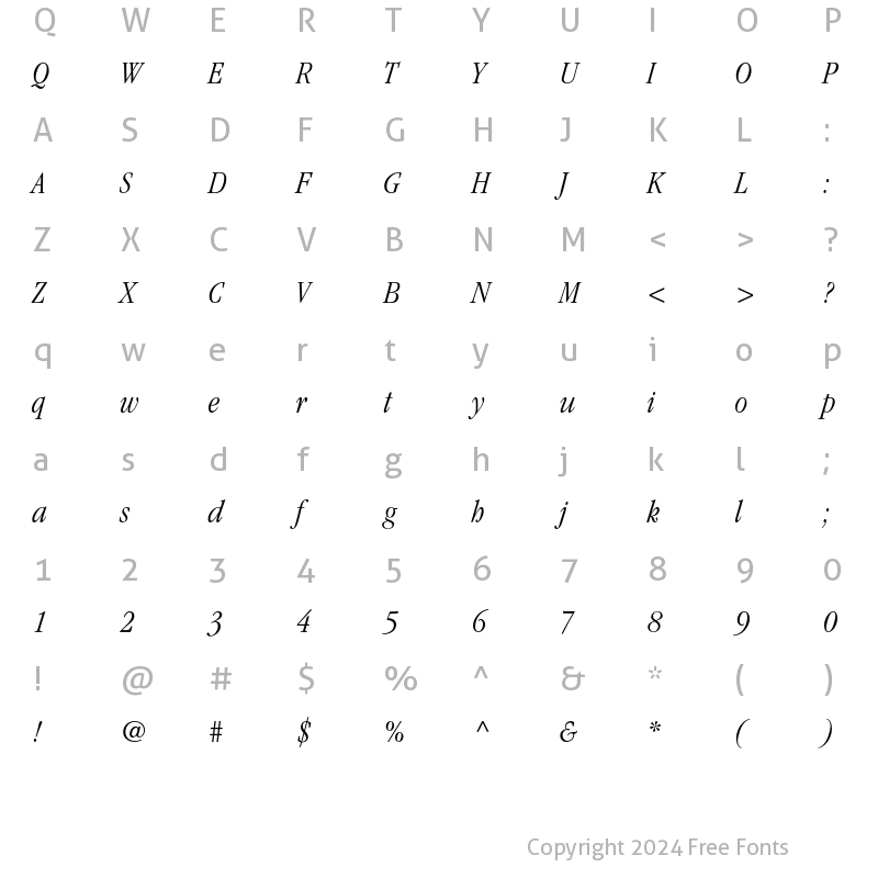 Character Map of ITC Garamond Light Condensed Italic