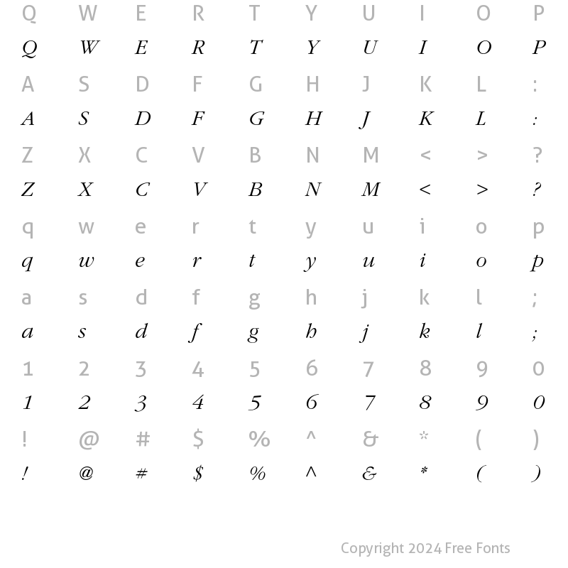 Character Map of ITC Garamond Light Italic