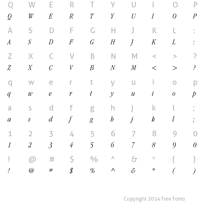 Character Map of ITC Garamond Std Light Condensed Italic