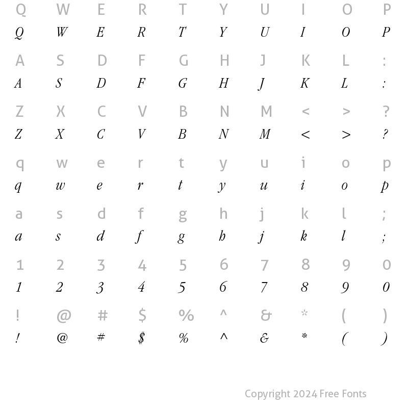 Character Map of ITC Garamond Std Light Narrow Italic