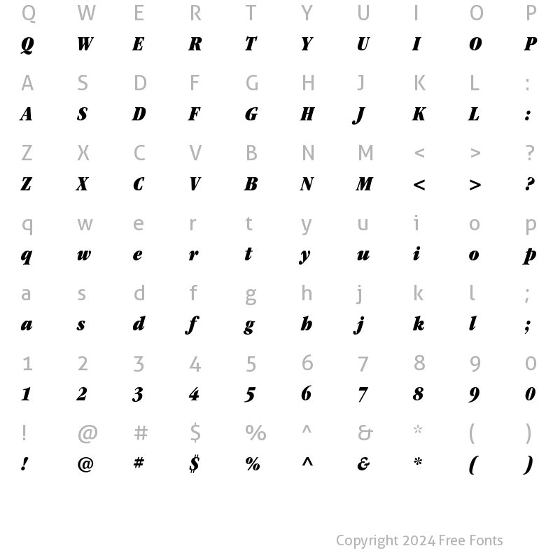 Character Map of ITC Garamond Std Ultra Condensed Italic