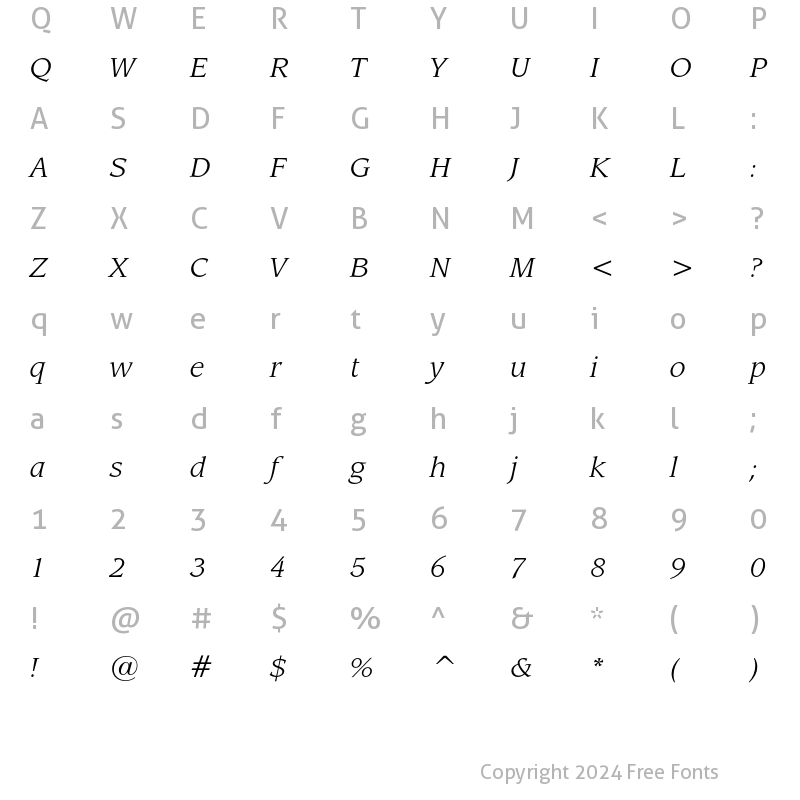 Character Map of ITC Leawood Book Italic