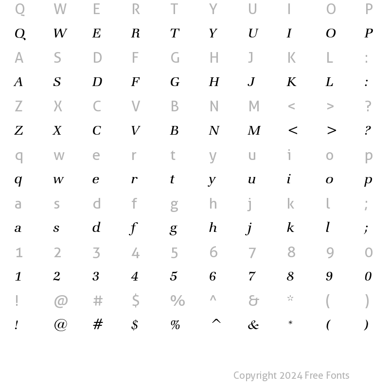 Character Map of ITC Zapf Book Light Italic