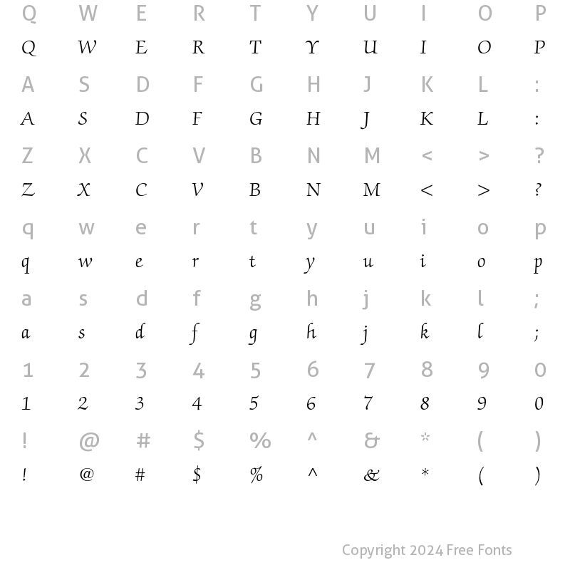 Character Map of ITC Zapf Chancery Light Regular