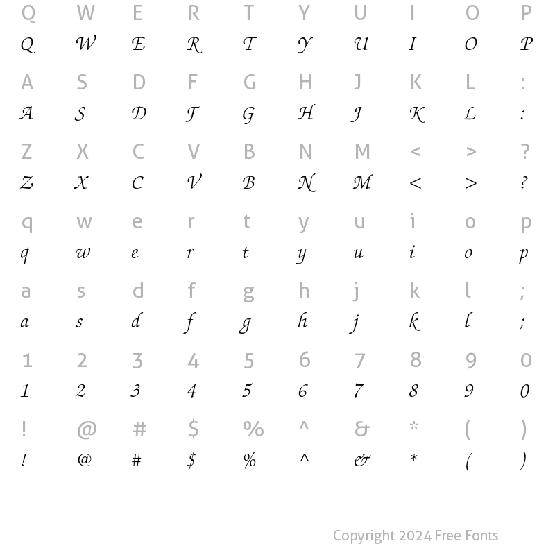 Character Map of ITC Zapf Chancery Std Light Italic