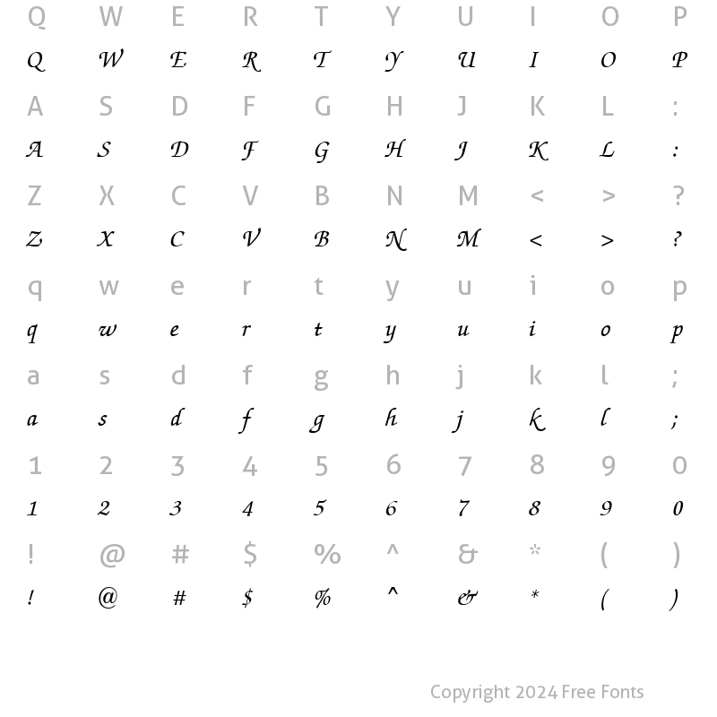 Character Map of ITC Zapf Chancery SWA Medium Italic