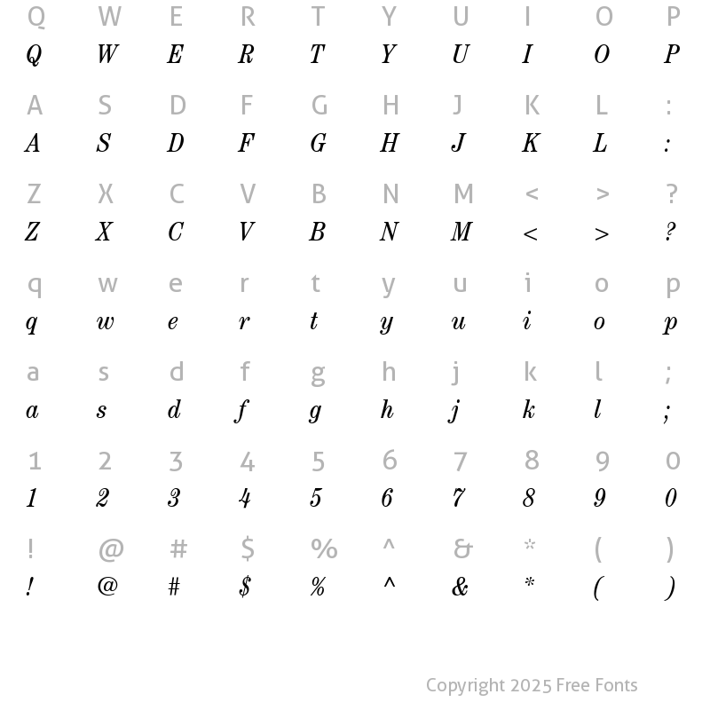 Character Map of ITCCentury-CondensedBook BookItalic