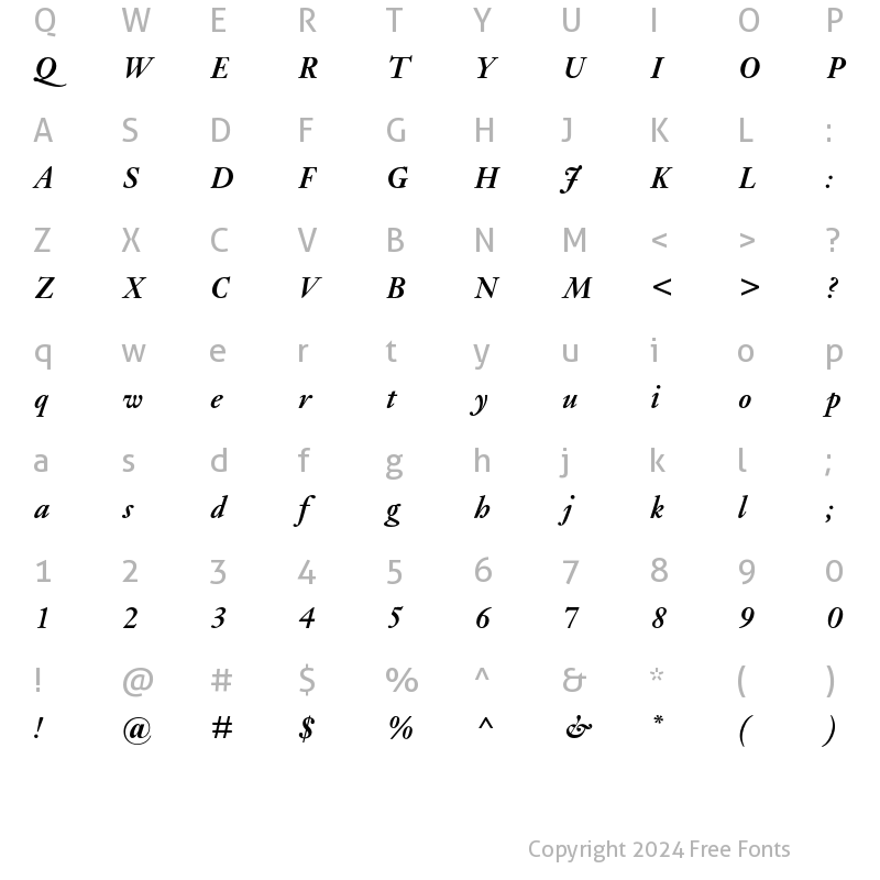 Character Map of Janson MT Std Bold Italic