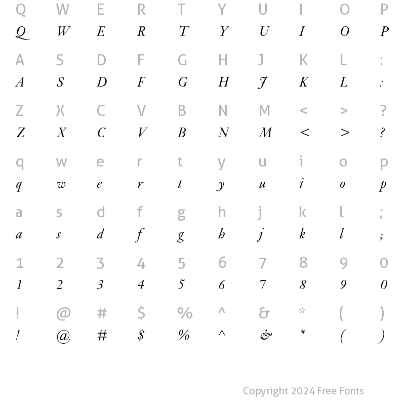 Character Map of Janson MT Std Italic