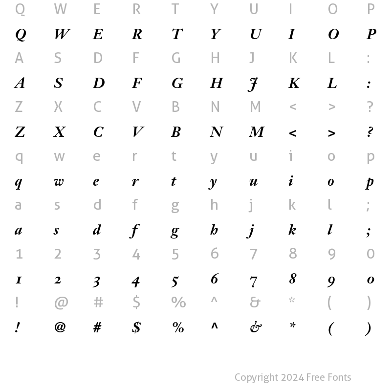 Character Map of Janson Text 76 Oldstyle Figures Bold Italic