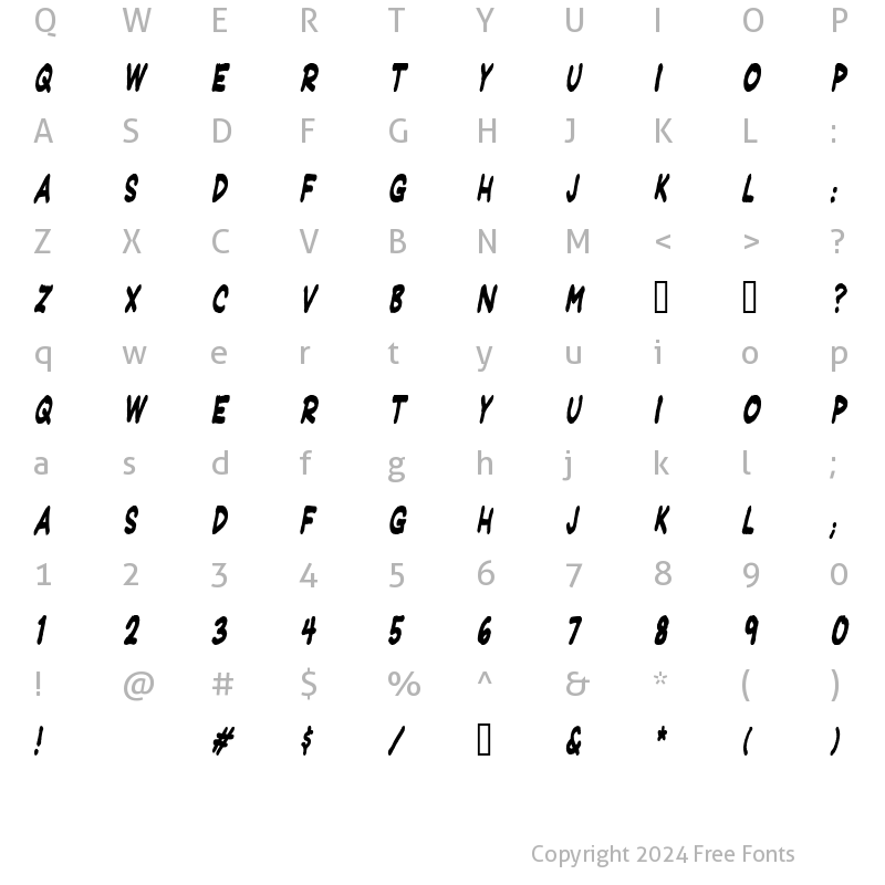 Character Map of JeffreyPrint JL Condensed Italic