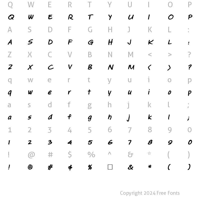 Character Map of Jotting Bold Italic