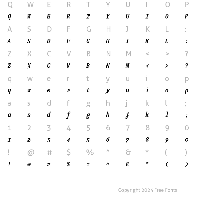 Character Map of JUstice Mono BoldOblique