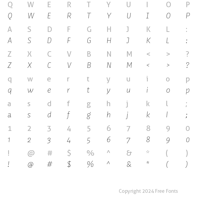 Character Map of Kaytek Sans ThinItalic