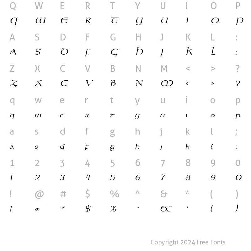 Character Map of Kelt Wide Italic