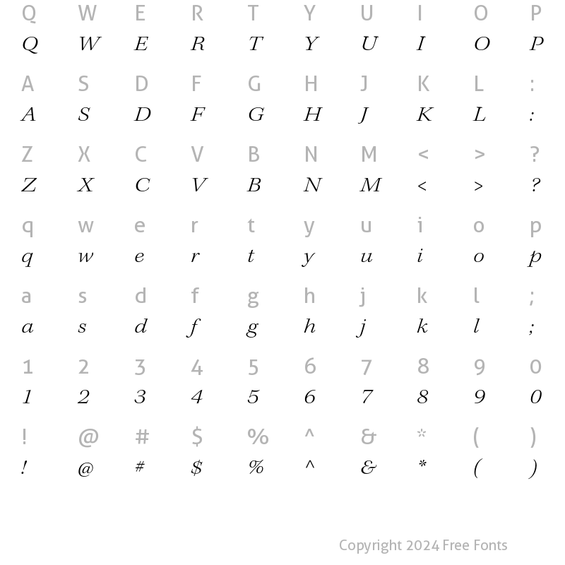 Character Map of Kepler Std Light Extended Italic Subhead