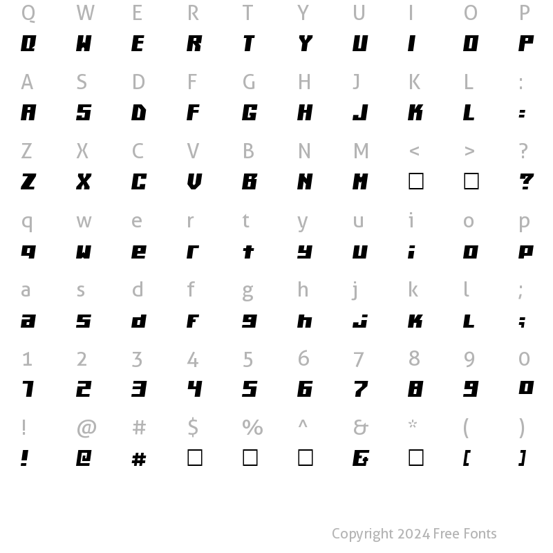 Character Map of Kiloton Condensed Italic Normal