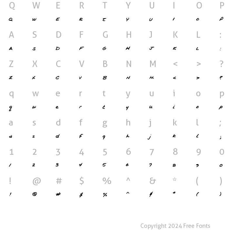 Character Map of Kims Handwriting Regular