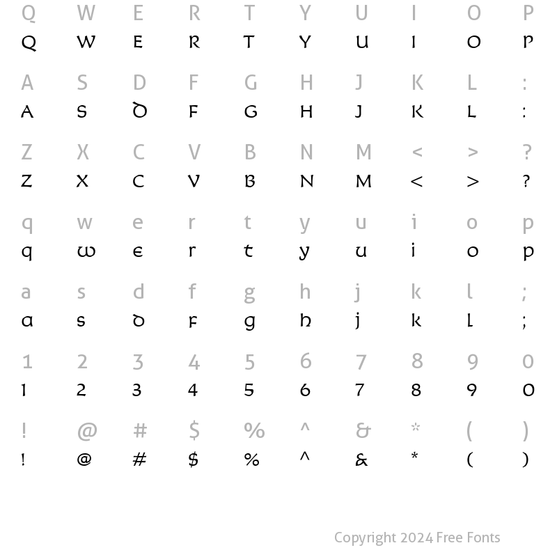 Character Map of Korigan ITC Light