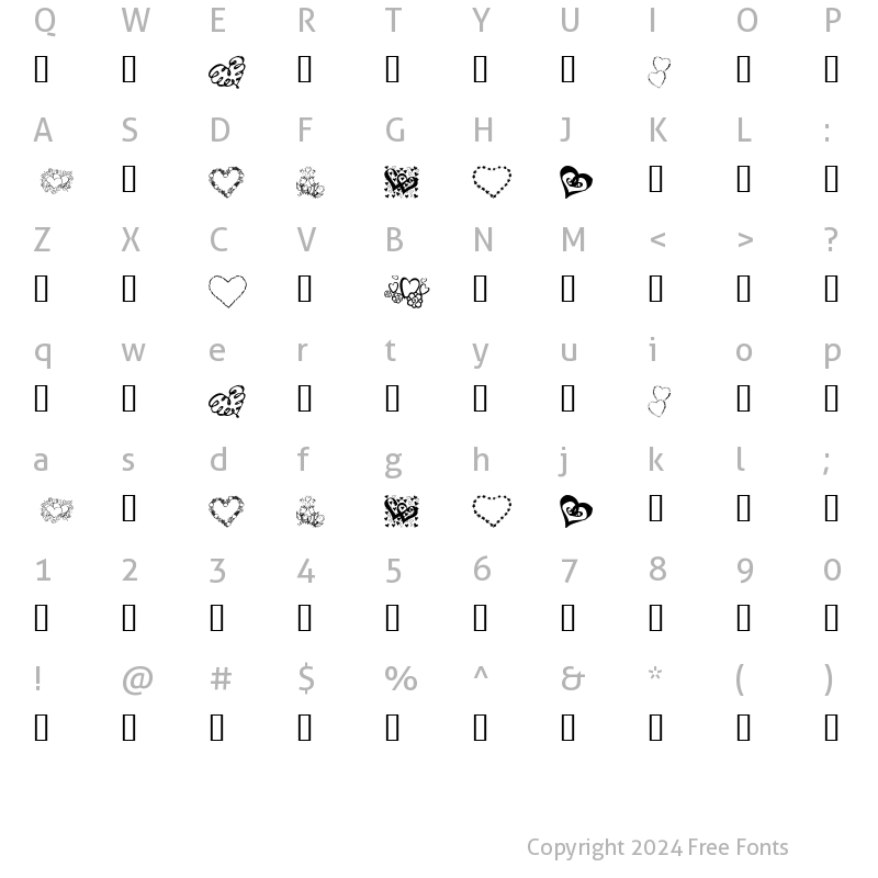 Character Map of KR All About The Heart Regular