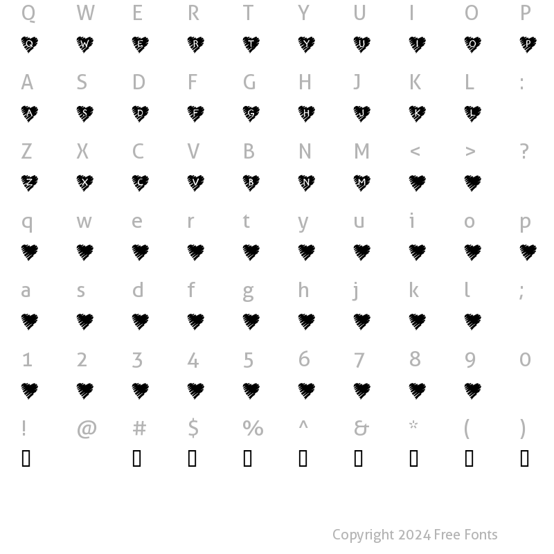 Character Map of KR Scribble Heart Regular