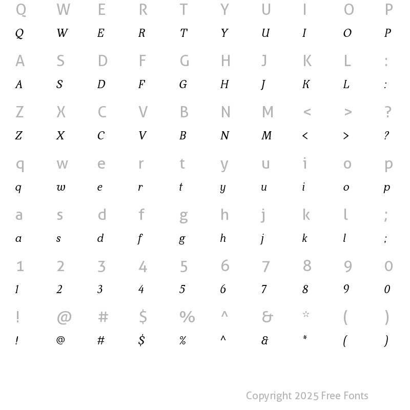 Character Map of Kraskario Italic