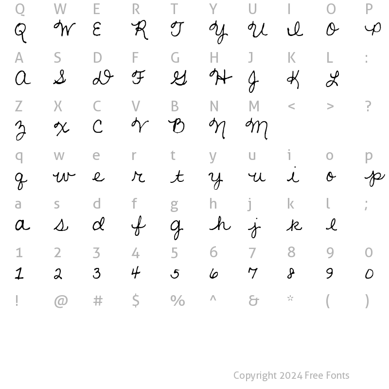 Character Map of Kristen script alt alt