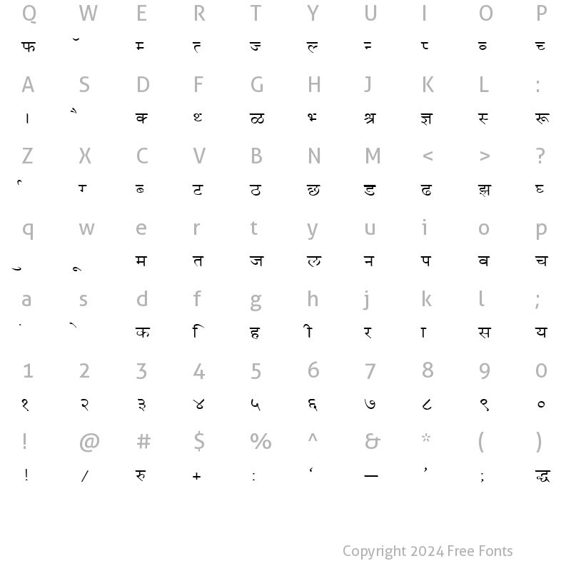 Character Map of Kruti Dev 055 Regular