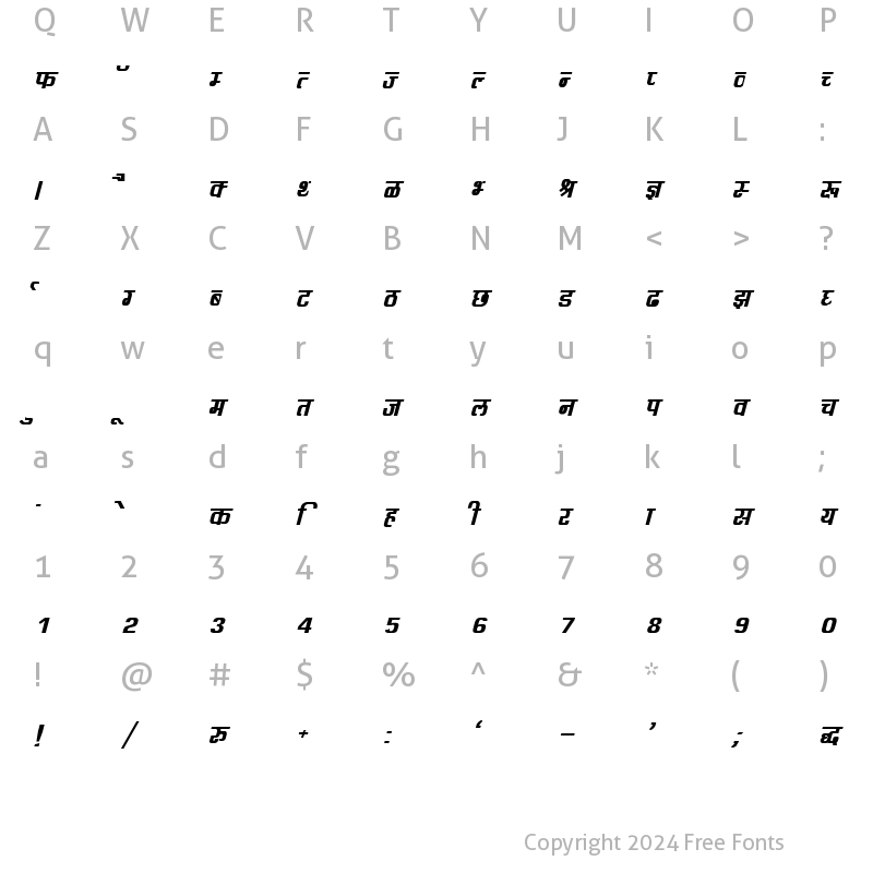 Character Map of Kruti Dev 060 Bold Italic