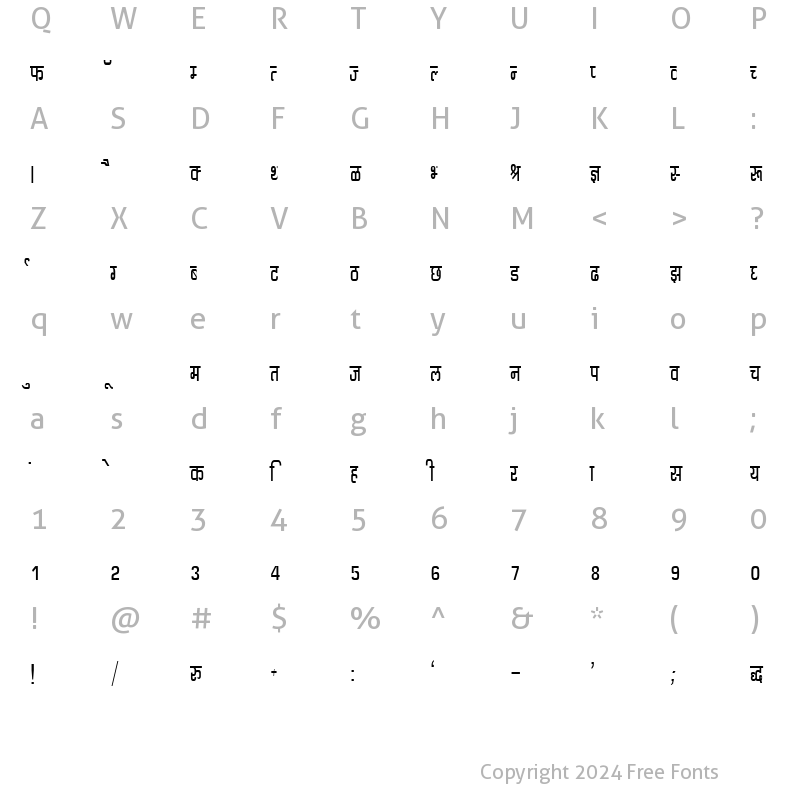 Character Map of Kruti Dev 060 Condensed Regular