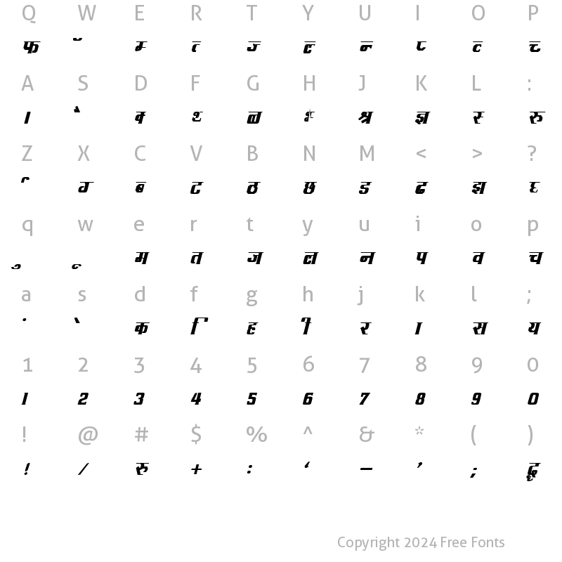 Character Map of Kruti Dev 090 Bold Italic