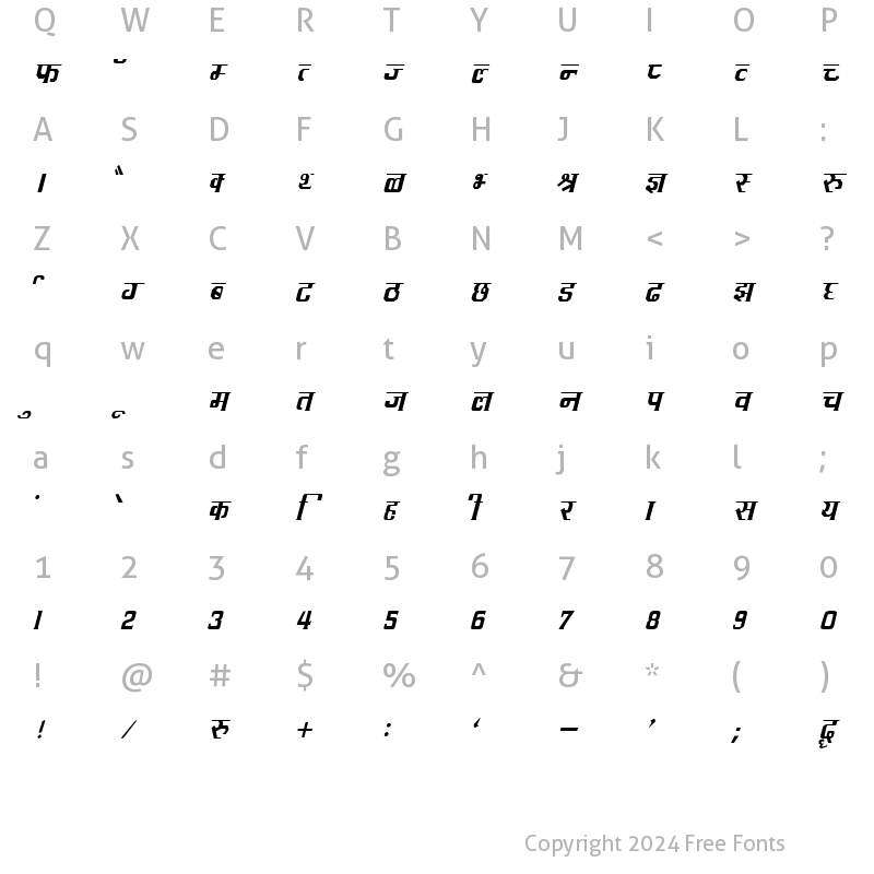 Character Map of Kruti Dev 090 Italic