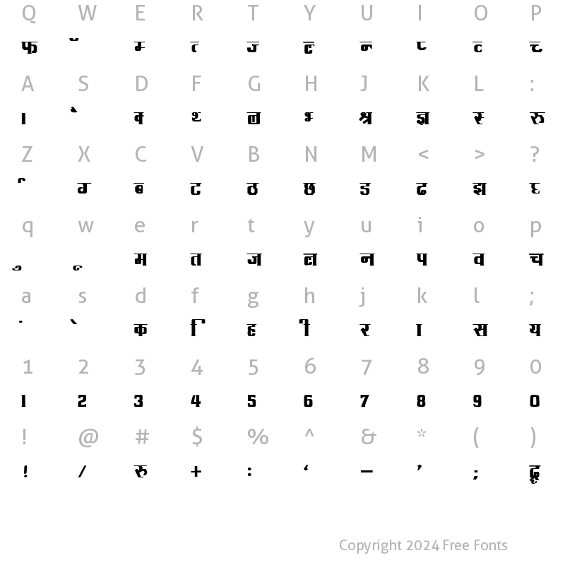 Character Map of Kruti Dev 091 Bold