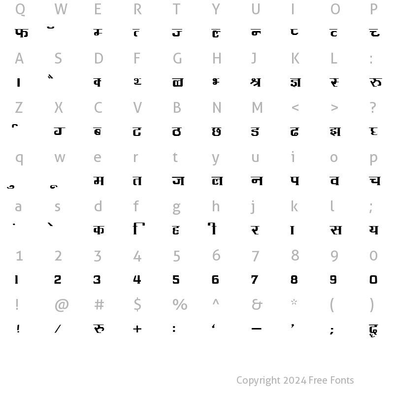 Character Map of Kruti Dev 095 Regular