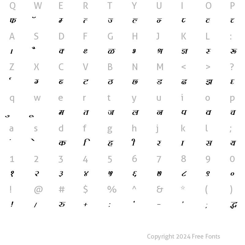 Character Map of Kruti Dev 100 Bold Italic