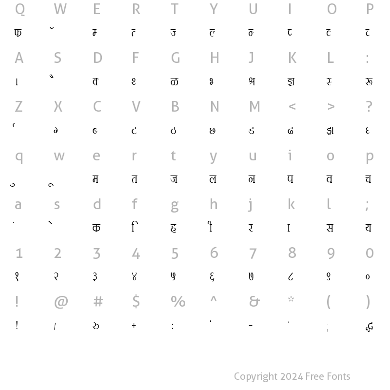 Character Map of Kruti Dev 100 Condensed Regular