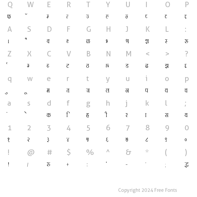 Character Map of Kruti Dev 104 Regular