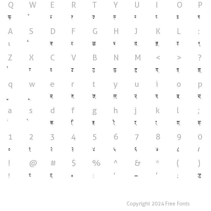 Character Map of Kruti Dev 114 Regular