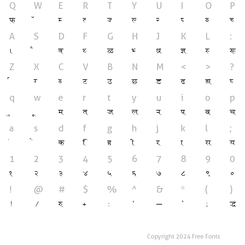 Character Map of Kruti Dev 115 Regular