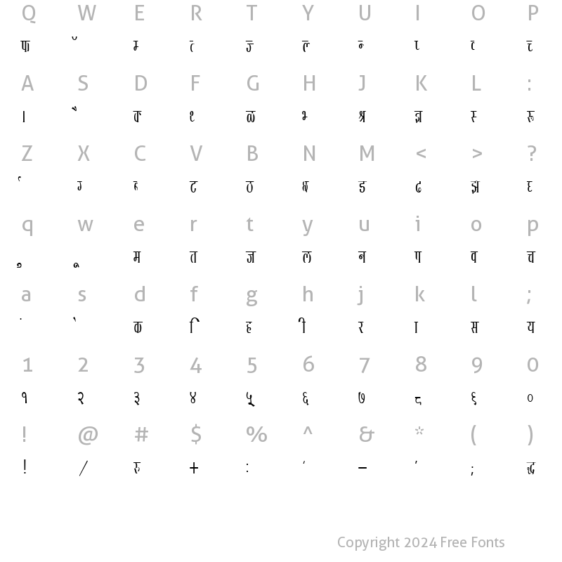 Character Map of Kruti Dev 134 Regular