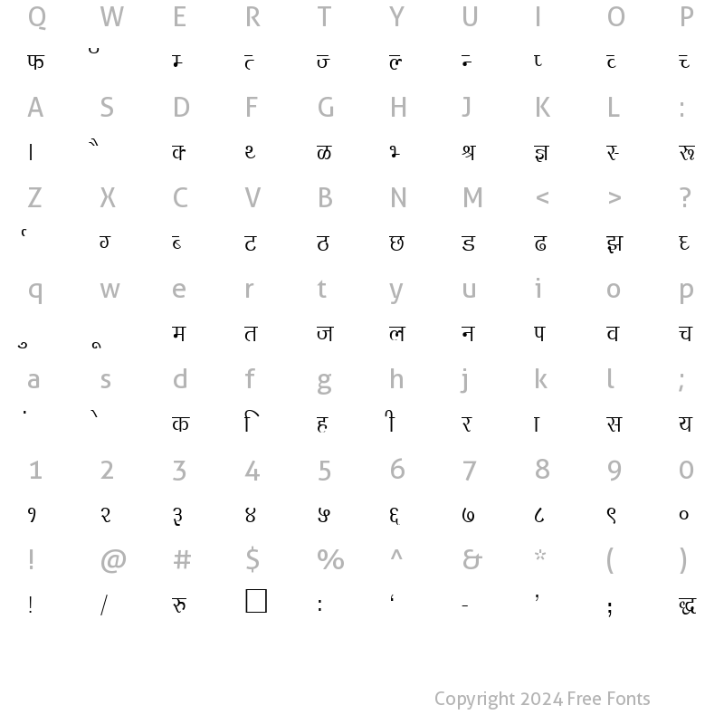 Character Map of Kruti Dev 144 Regular