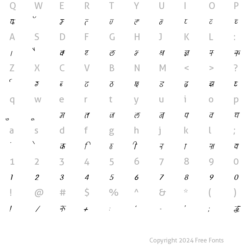 Character Map of Kruti Dev 150 Italic