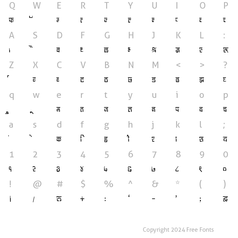 Character Map of Kruti Dev 190 Condensed Regular