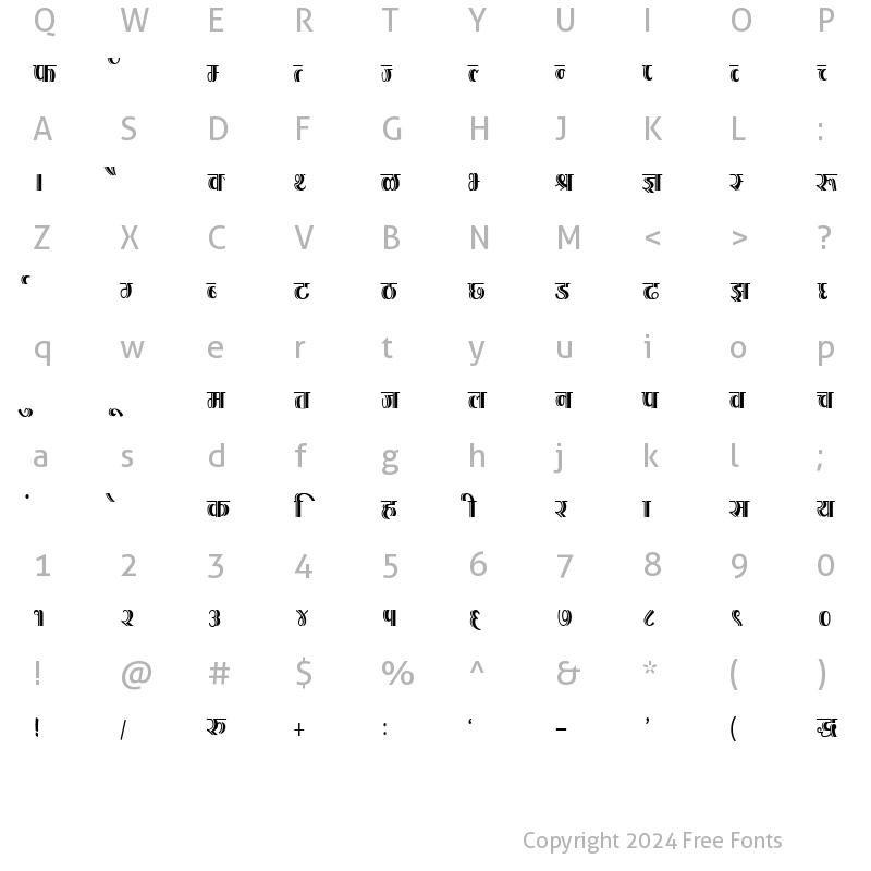 Character Map of Kruti Dev 200 Condensed Regular