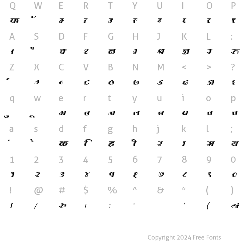 Character Map of Kruti Dev 200 Italic