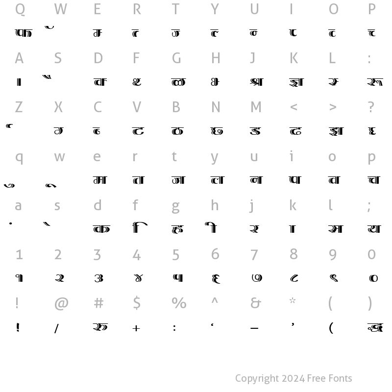 Character Map of Kruti Dev 200 Wide Regular