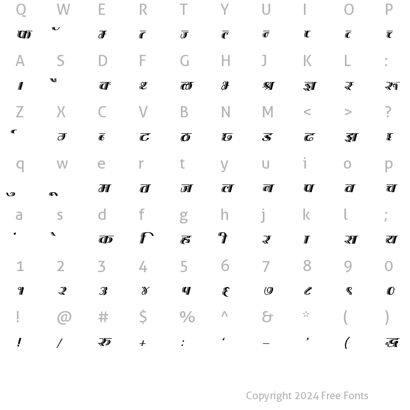 Character Map of Kruti Dev 202 Italic